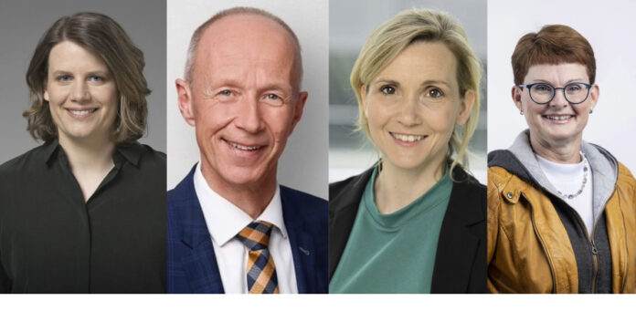 Die neuen Mitglieder des Stiftungskuratoriums der Stiftung Lesen (v.l.n.r.): Julia Willie Hamburg, Armin Schwarz und Franziska Krumwiede-Steiner. Ganz rechts im Bild ist Barbara Römer zu sehen, Vertreterin des Hausärztinnen- und Hausärzteverbands im Stiftungsrat.