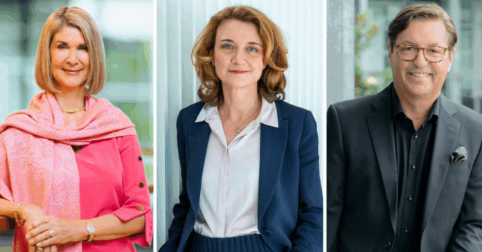 Die Mitglieder des Vorstands der Bertelsmann-Stiftung ab dem 1. August 2025: Brigitte Mohn, Daniela Schwarzer, Wilfried Uhr (von links). Fotos: Besim Mazhiqi, Sebastian Pfütze, Ansichtssache_Britta Schröder
