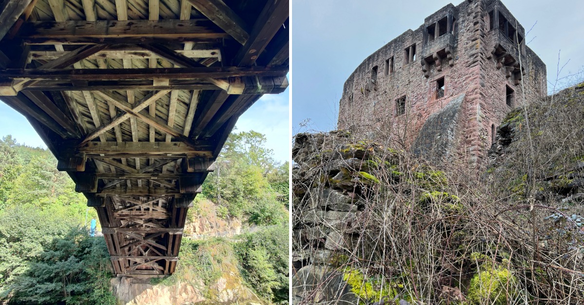 Gefördert durch die Deutsche Stiftung Denkmalschutz: Die Instandsetzung der Holzbrücke in Forbach und die Sanierung der Mauer von Burg Freienstein. Fotos: Stefan Zachmann/Deutsche Stiftung Denkmalschutz_Gütter